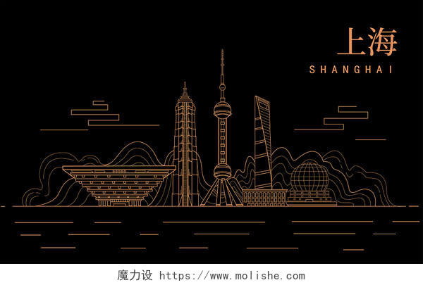 上海城市地标建筑元素手绘简笔画背景ai格式城市城市建筑上海